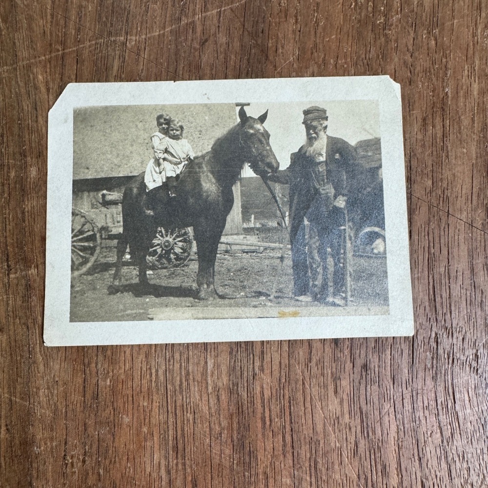 Antique Snapshot Photograph of Man in Overalls with Child on‎ Horse Guss LaBrier